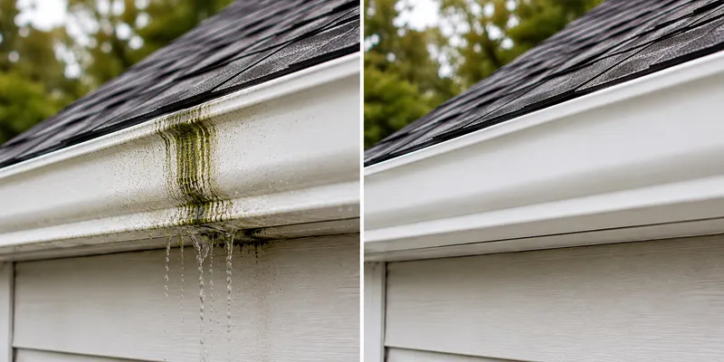 Brown eavestrough and downspout following the roofline of a covered elevated deck on a beige vinyl-sided home