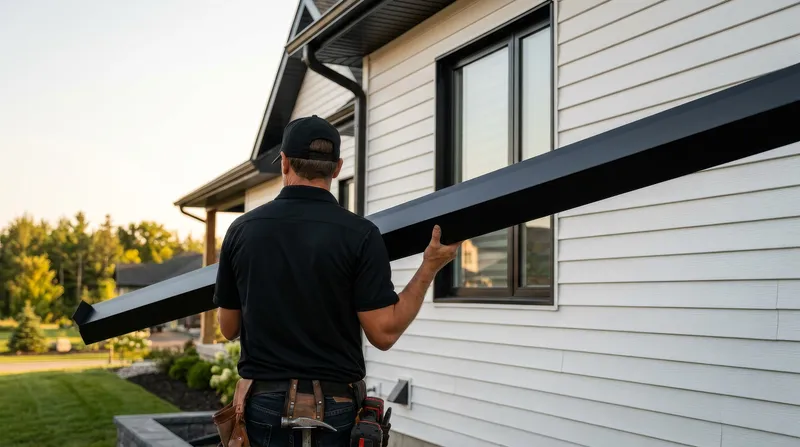 Black seamless eavestrough and downspouts installed on a new build still wrapped in house wrap, with cedar-lined soffit overhangs